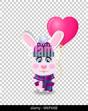 Cute cartoon rabbit in violet knitted hat, scarf and mittens holding pink heart shaped balloon isolated on transparent background. Vector illustration Stock Vector
