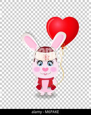 Cute cartoon rabbit in red hat with ear flaps, knit scarf and mittens holding red heart shaped balloon isolated on transparent background. Vector illu Stock Vector