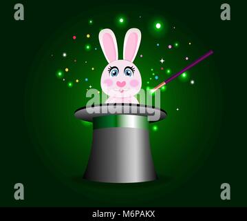 Bunny in magic hat with wand on green sparkling glow background. Cute rabbit sticking out of magician's cylinder top hat. Circus poster, banner, conce Stock Vector