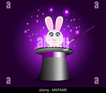 Bunny in magic hat with wand on violet sparkling glow background. Cute rabbit sticking out of magician's cylinder top hat. Circus poster, banner, conc Stock Vector