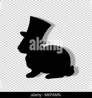 Black profile silhouette of fluffy rabbit or hare wearing magic cylinder top hat sitting  isolated on transparent background. illustration, icon, logo Stock Vector