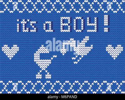 Baby shower invitation for boy. Knitting vector illustration of baby stroller, stork, hearts and text it s a boy on blue seamless knitted background. Stock Vector