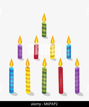 Vector illustration of colored striped burning candles isolated on white background. Clip art. Stock Vector