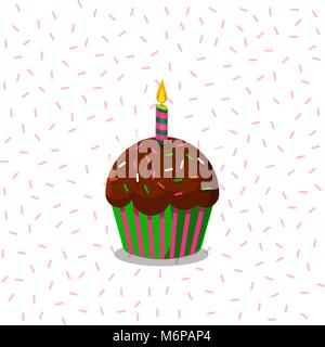 Vector illustration of cup cake wirh burning candle on white background with falling confetti. Stock Vector