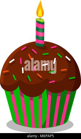 Vector illustration of cup cake wirh burning candle isolated on white background. Clip art, icon. Stock Vector