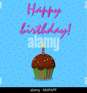 Happy birthday card with strawberry cup cake and burning candle on blue confetti background. Vector illustration. Stock Vector