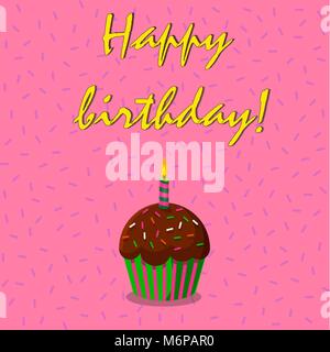 Happy birthday card with cup cake and burning candle on rose confetti background. Vector illustration. Stock Vector