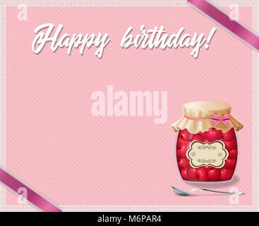 Rose and polka dots birthday framework with happy birthday title, pink ribbons and white lace. Vector illustration, template, border, frame. Stock Vector