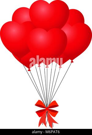 3d realistic bunch of red birthday or valentine's balloons with bow flying for party and celebrations with space for message Isolated in white backgro Stock Vector