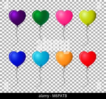 Collection of multicolored realistic helium heart shaped balloons isolated on transparent background. Vector clip art for festive design, greeting car Stock Vector
