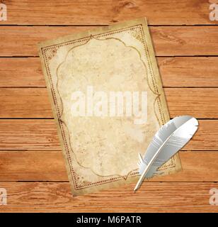 Vintage worn blank paper script framed with oriental ancient ornament and ink feather pen on rustic wooden planks table background. Highly detailed ve Stock Vector