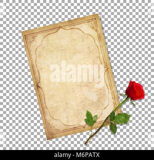 Highly detailed vector illustration of old blank paper script with curly oriental ornament and space for text with elegant red rose lying on it isolat Stock Vector