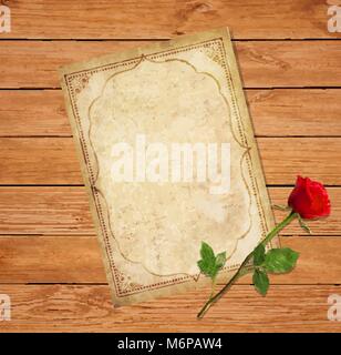 Highly detailed vector illustration of old blank paper script with curly oriental ornament, space for text and elegant red rose on wooden background.  Stock Vector
