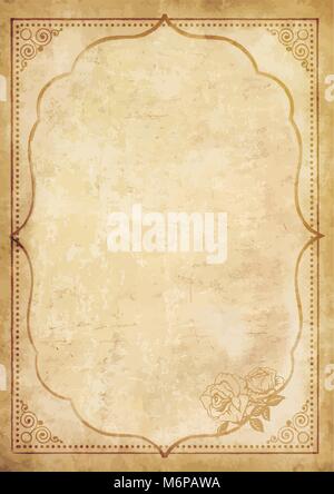 Old grungy vintage paper blank with curly oriental frame ornament and lovely rose flower in the corner. Worn template for mail, aged letter paper with Stock Vector