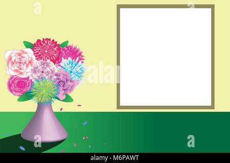beautiful bouquet of colored flowers on the table template with space for text. Vector illustration. Clipart.Greeting card, invitation. Stock Vector