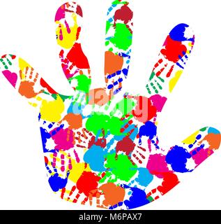 Rainbow multicolored silhouette of baby hand with colorful hand prints pattern inside isolated on white background. Vector colorful illustration of op Stock Vector