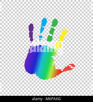Rainbow multicolored silhouette of human handprint isolated on transparent background. Vector bright illustration of open palm, icon, logo, clip art. Stock Vector