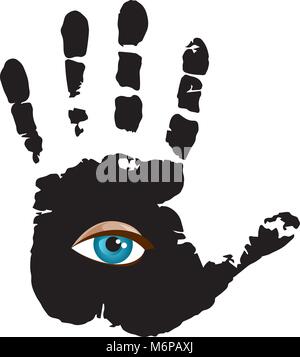 Black hand print with blue all seeing eye inside isolated on white background. Vector vintage illustration for tattoo template, magic alchemy spiritua Stock Vector