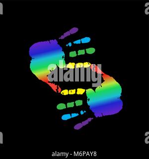 Frame with cropping symbol made of multicolored rainbow hands and empty space isolated on black background. Vector illustration, template, icon, symbo Stock Vector