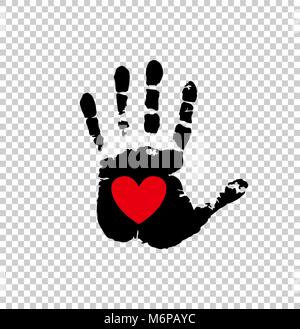 Black silhouette of humans hand print with heart symbol in open palm isolated on transparent background. Vector illustration, icon, logo, clip art. Re Stock Vector