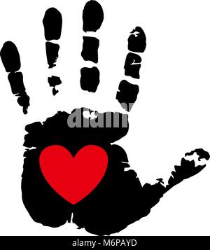 Black silhouette of humans handprint with heart symbol in open palm isolated on white background. Vector illustration, icon, logo, clip art. Red heart Stock Vector