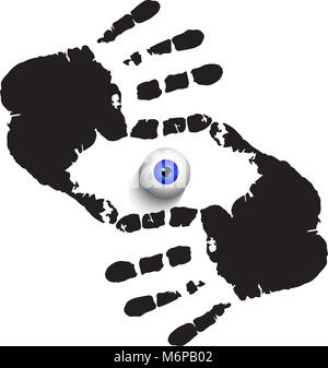 Vector illustration of hands frame with realistic eye ball inside isolated on white background Stock Vector