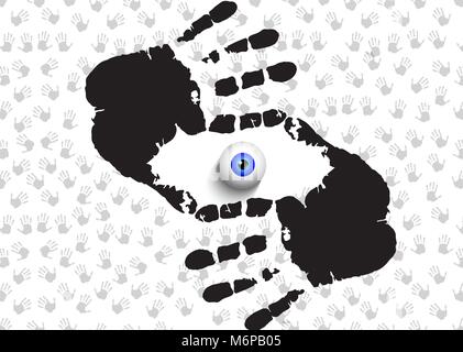 Vector illustration of hands frame with realistic eye ball inside isolated on background with hand prints Stock Vector