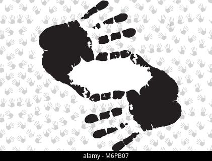 Frame with cropping symbol made of hands on background with human hand prints. Vector illustration, template, border for design. Stock Vector