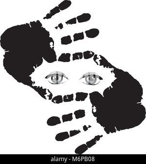 Black and white vector illustration of cropping symbol made of hands with eyes inside isolated on white. background. Stock Vector