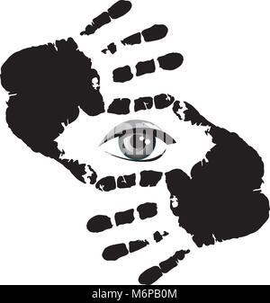Photographer looking at you through hand frame. Nice frame made from hand prints and eye inside.Monochrome vector illustration isolated on white backg Stock Vector