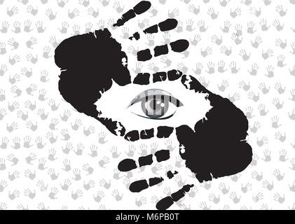 Black and white silhouette of human hand prints doing cropping symbol and eye inside on background with hand palms. Stock Vector