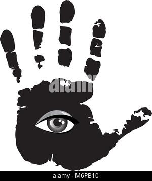 Black and white illustration of hand print with all seeing eye inside isolated on white background. Stock Vector