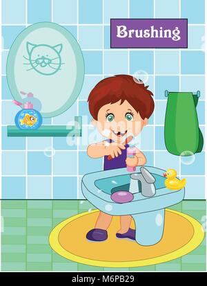 cute little boy brushing teeth in bathroom. Vector illustration Stock Vector