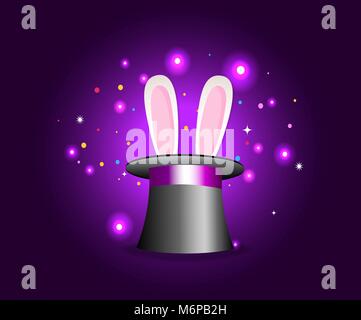 Magic hat with rabbit ears on violet mysterious background with sparkling lights. Vector magician perfomance. Wizzard illusionist show. Vector illustr Stock Vector