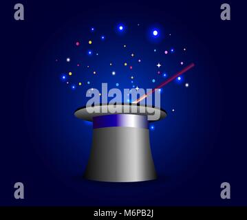 Magic show poster design with magic hat and magic wand on blue glowing mysterious background with sparkles. Vector illustration. Stock Vector