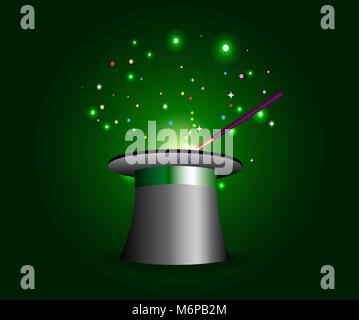 Magic hat with magic wand. Magician performance attributes on glowing green background. Vector illustration. Stock Vector