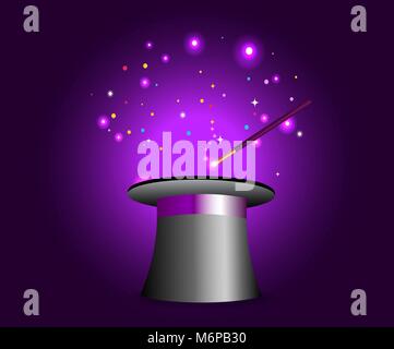 Magic hat with wand on violet mysterious background with sparkling lights. Vector magician perfomance. Wizzard illusionist show. Vector illustration. Stock Vector