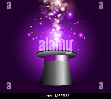 Vintage background with magician hat, wand and magical glow on violet background. Vector illustration. Stock Vector