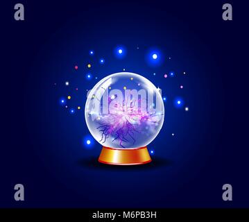 Blue shining vector plasma ball. Magical energy ball with energy veins from center to outside on blue sparkling spellbinding  background with colored  Stock Vector