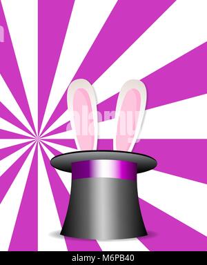 Magic hat with bunny ears on vibrant colorful pink and white sunburst rays pattern background. Magic show perfomance poster. Vector Illustration. Stock Vector