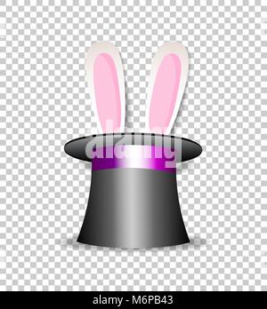 Cute cartoon pink and white rabbit ears appear from magician cylinder hat isolated on transparent background. Top hat with bunny. Vector illustration, Stock Vector