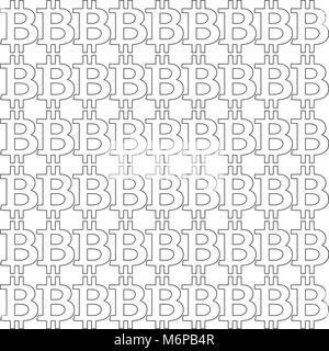 Seamless pattern with black bitcoin outline  signs on white background. Vector illustration. Template. Stock Vector