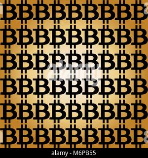 Seamless pattern with black bitcoin signs on golden radial gradient background. Vector illustration. Template. Stock Vector
