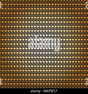 Seamless pattern with black bitcoin signs on golden radial gradient background. Vector illustration. Template. Stock Vector