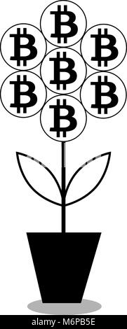 vector illustration of bitcoin flower in the pot. black silhouette, icon, clip art isolated on white background. Stock Vector