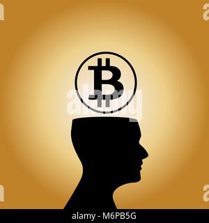 Human head silhouette  with sign of bitcoin above on shiny golden background. Vector illustration, icon, emblem. Stock Vector