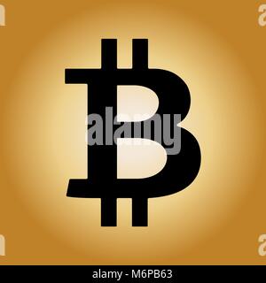 Black bitcoin sign icon on radial gradient golden background. Vector illustration, cryptocurrency icon, symbol. Stock Vector