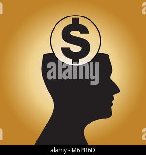 Sign of dollar inside of human head on golden background. Vector illustration, icon, clip art,  emblem. Stock Vector