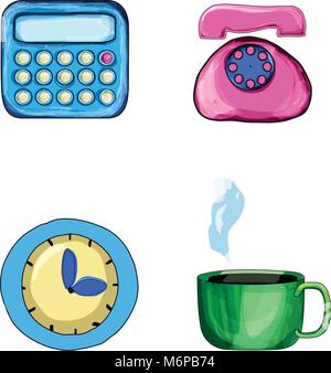 Office icons set. Hand drawn cartoon office icons isolated on white background. Vector illustration of calculator, disk telephone, steaming cup and cl Stock Vector