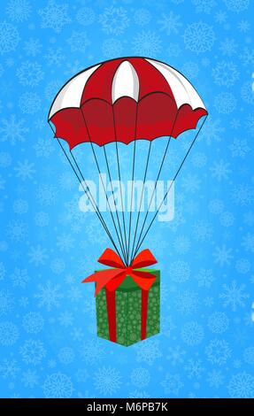Cute cartoon illustration of christmas or new year gift wrapped with red ribbon flying on red and white parachute on blue snowy background. Vector cli Stock Vector
